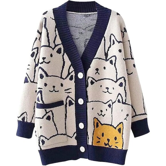 Women's Oversized Cat Cardigan Sweater Knit V-Neck Button Up Casual - Picture 1 of 7